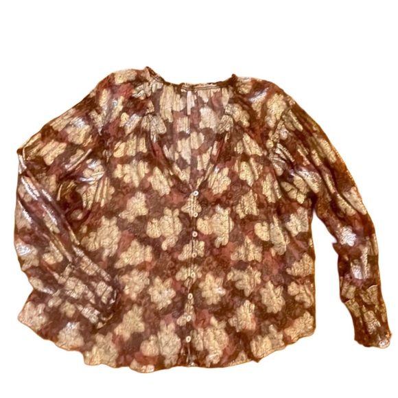 FREE PEOPLE Sheer bohemian oversized floral blouse small gold Anthropology EUC - Picture 4 of 9